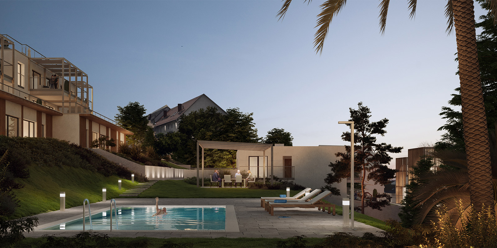 Modern stílus, medencés pihenő